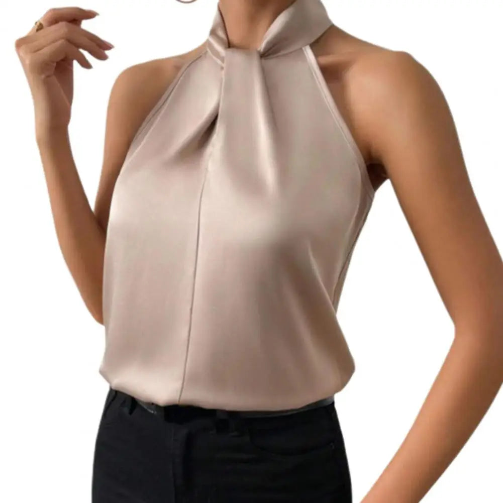 Satin Tank: Glossy Elegance with Hanging Neck Design