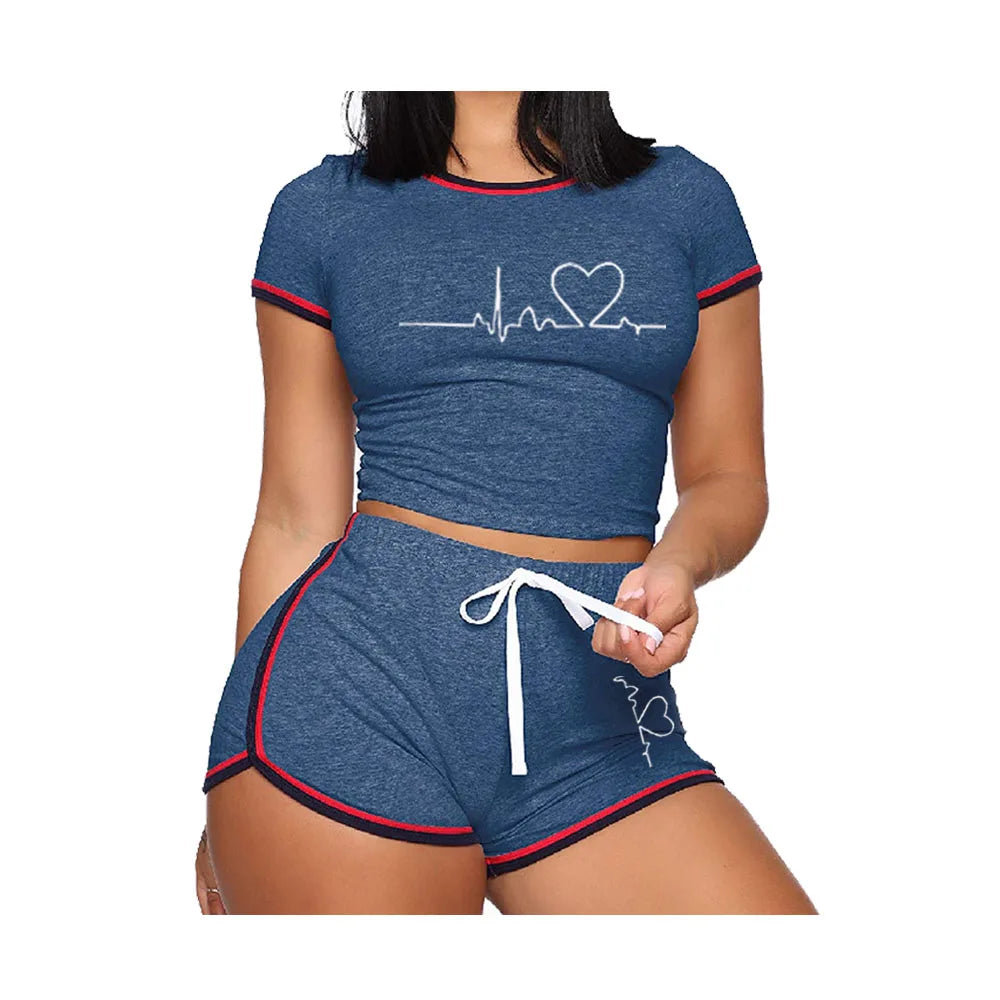 Personality Womens Tracksuit Summer Short Sleeve T-shirts and Shorts Suit Casual Slim O Neck Cropped Tops Pajamas for Women