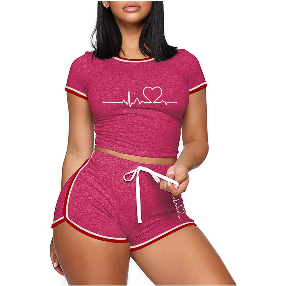 Personality Womens Tracksuit Summer Short Sleeve T-shirts and Shorts Suit Casual Slim O Neck Cropped Tops Pajamas for Women
