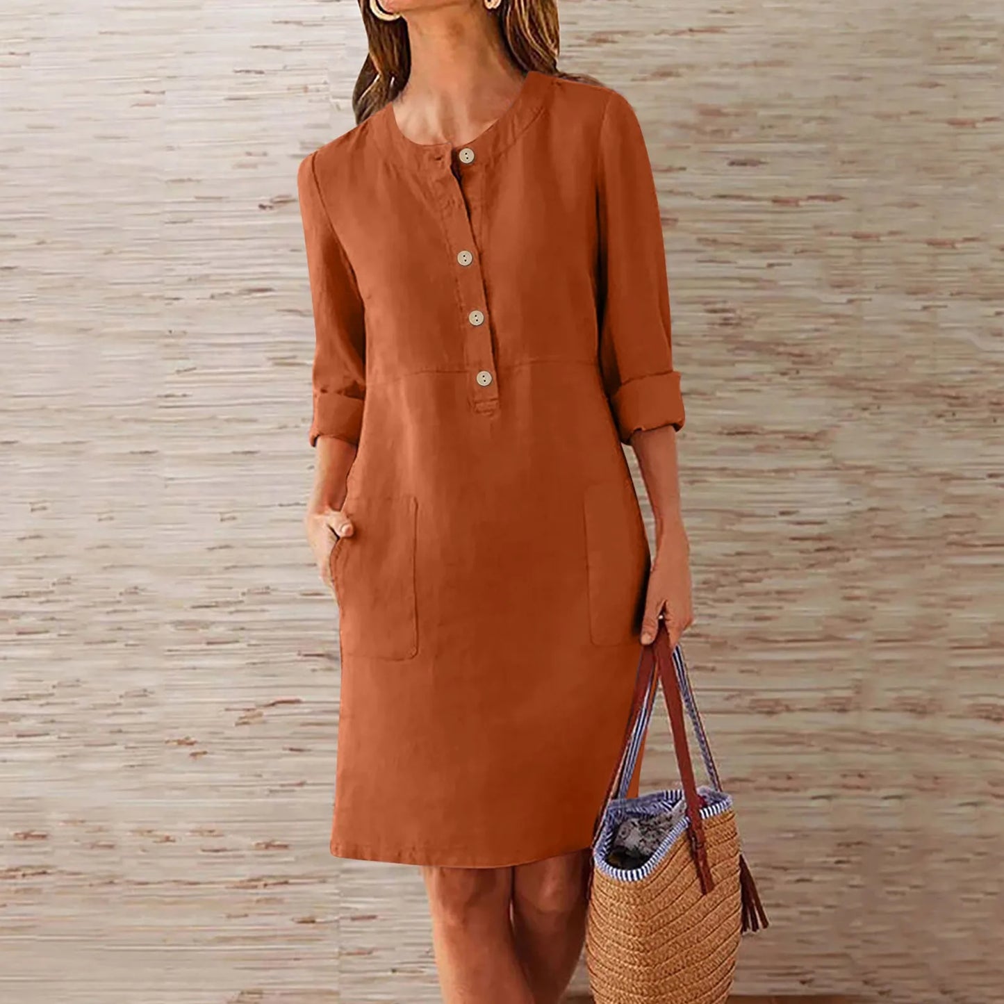 Summer Women's Button Dresses Fashion Casual Large Loose Solid Cotton Linen Round Neck Short Sleeve Pocket Long Dress