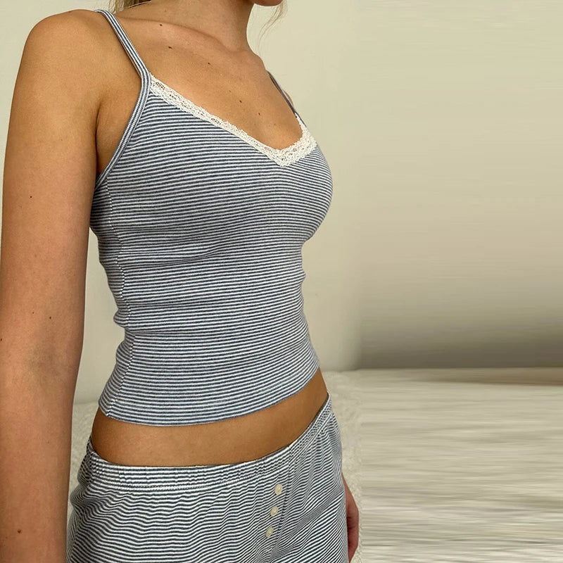 Sleeveless Crop Set: Lace Elegance for Loungewear