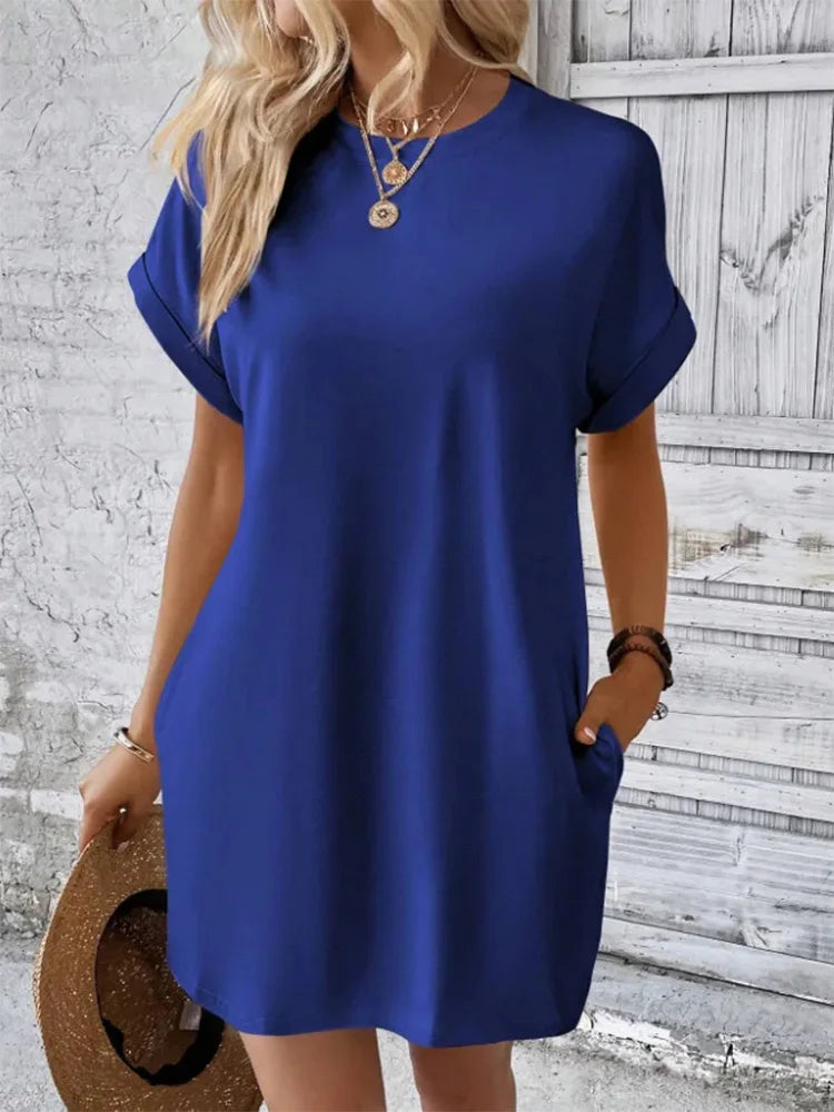 Fashion Pure Colors Dress Women's Pocket T-shirt Style Mini Dresses Summer Casual Loose Dress Vestidos