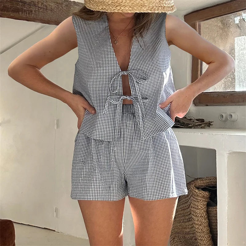 Casual Plaid Duo: Lacing Tank and Elastic Shorts