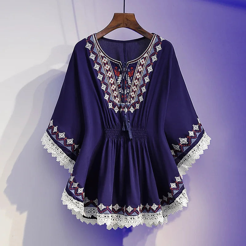 Loose Blouse: Batwing Sleeves with Boho Print