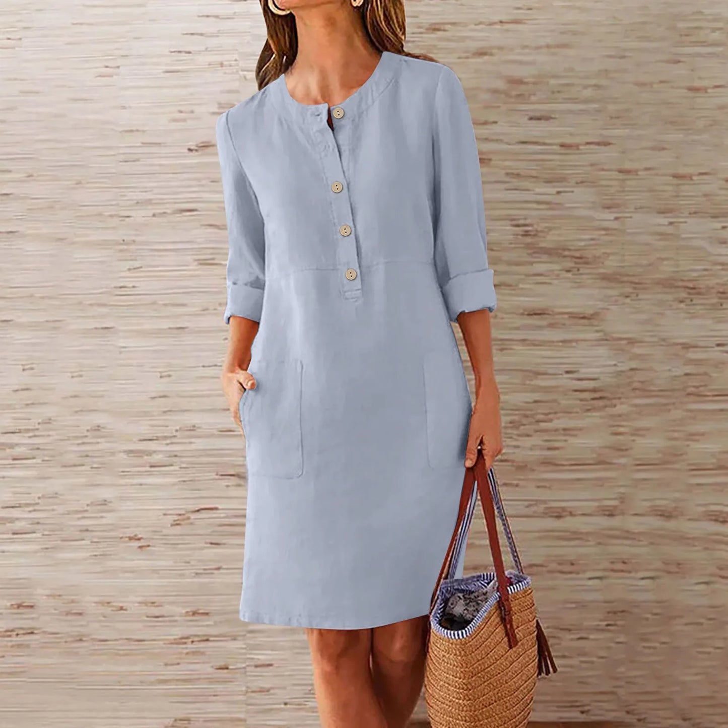 Summer Women's Button Dresses Fashion Casual Large Loose Solid Cotton Linen Round Neck Short Sleeve Pocket Long Dress