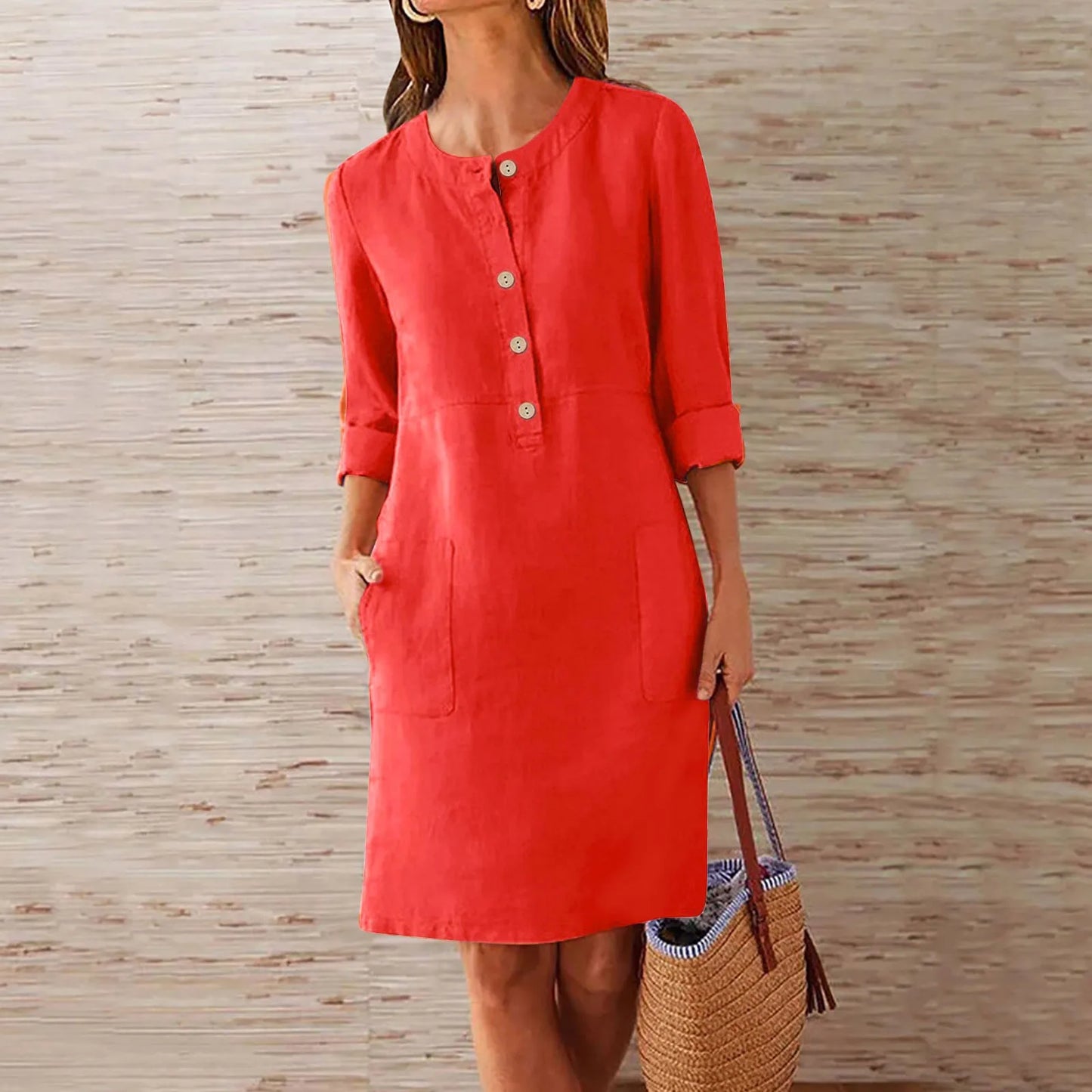 Summer Women's Button Dresses Fashion Casual Large Loose Solid Cotton Linen Round Neck Short Sleeve Pocket Long Dress