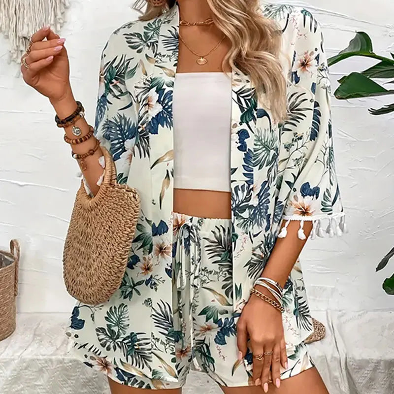 Two-Piece Set: Floral Flair with Open-Front Ease