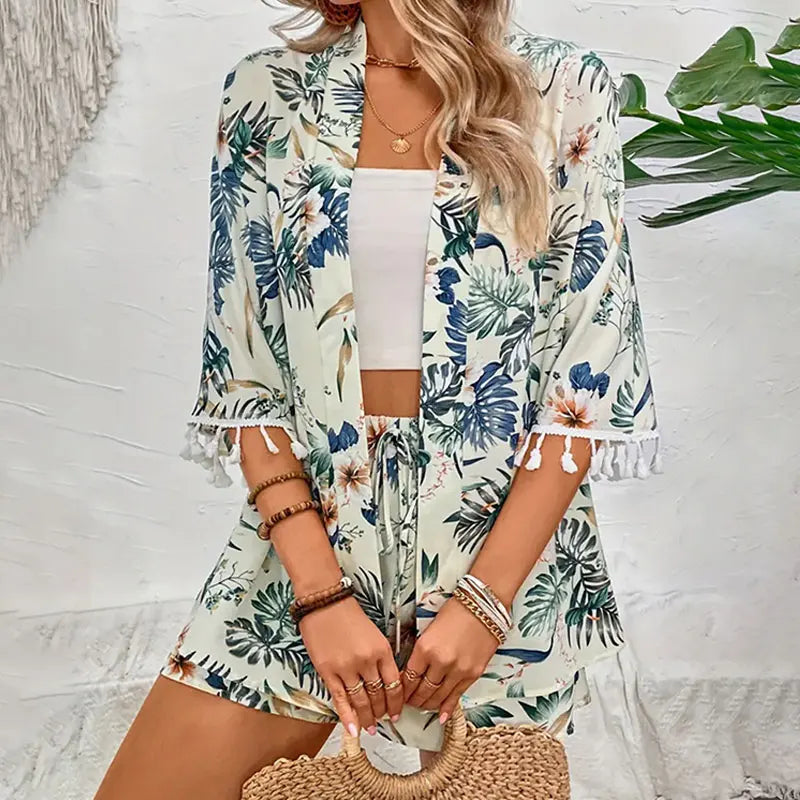 Two-Piece Set: Floral Flair with Open-Front Ease