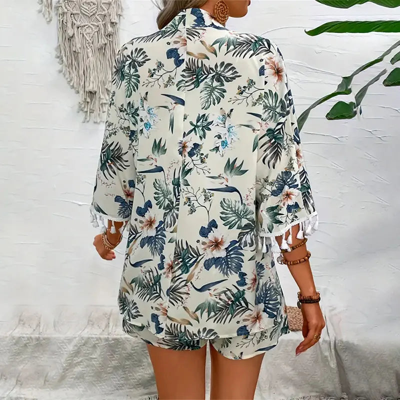 Two-Piece Set: Floral Flair with Open-Front Ease
