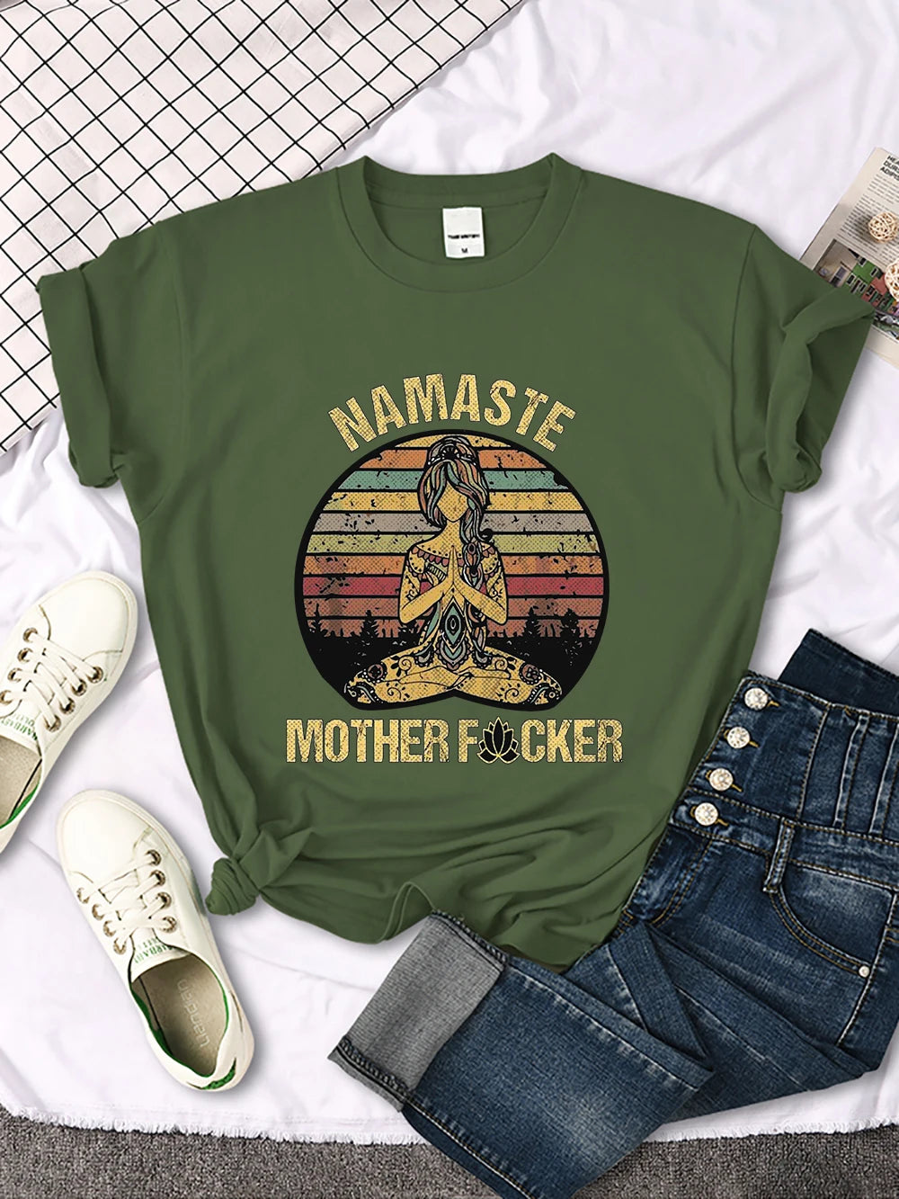 Vintage Namaste Mother Explicit Pattern Women T-Shirt O-Neck Creative T Shirts Fashion Breathable Crop Top Casual Sport T Shirt