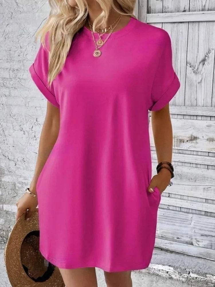 Fashion Pure Colors Dress Women's Pocket T-shirt Style Mini Dresses Summer Casual Loose Dress Vestidos