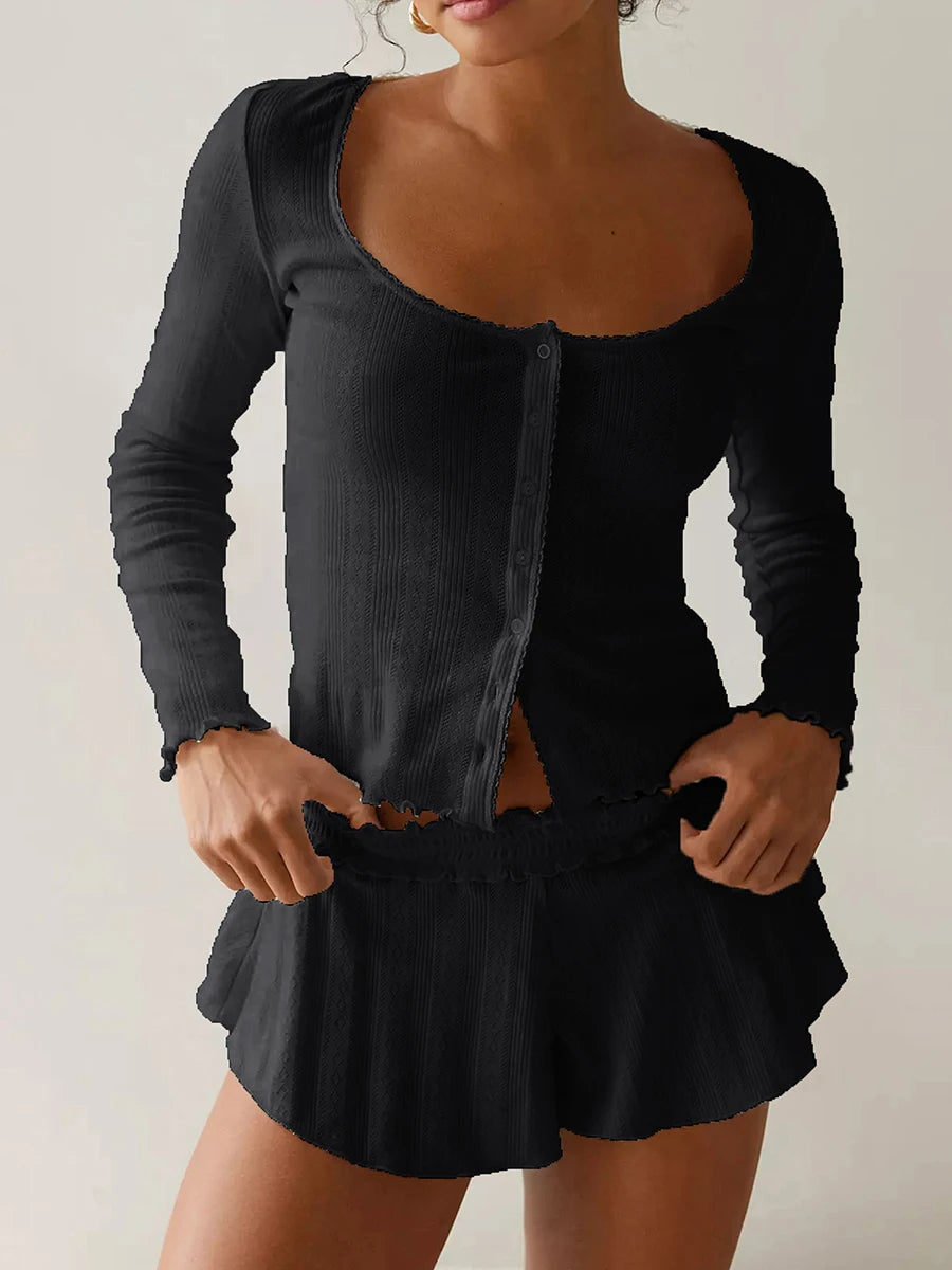 Cute Sleepwear Set: Button Down Top and Ruffle Shorts