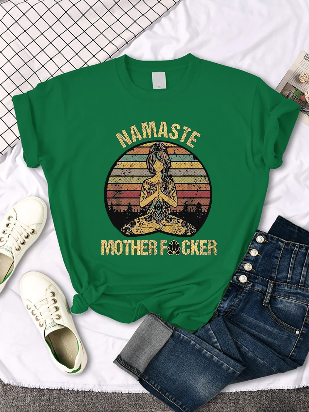 Vintage Namaste Mother Explicit Pattern Women T-Shirt O-Neck Creative T Shirts Fashion Breathable Crop Top Casual Sport T Shirt