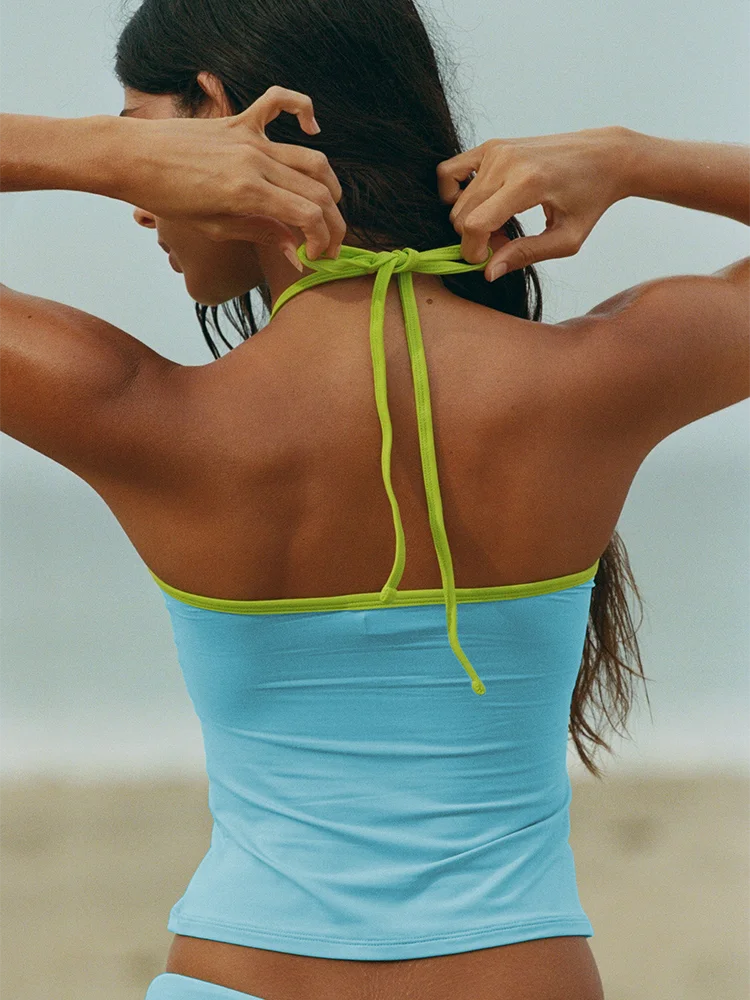 Crop Tank Set: Beachwear with Color Contrast Flair
