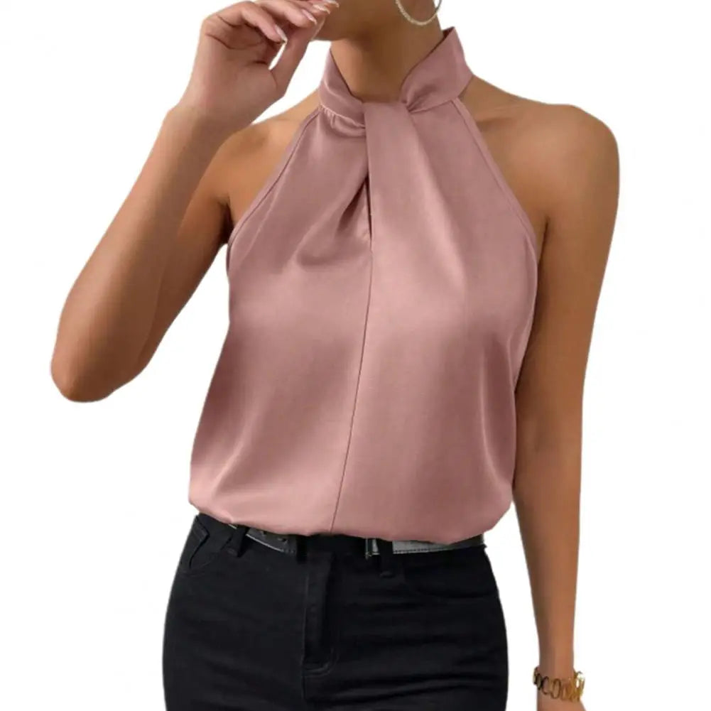 Satin Tank: Glossy Elegance with Hanging Neck Design