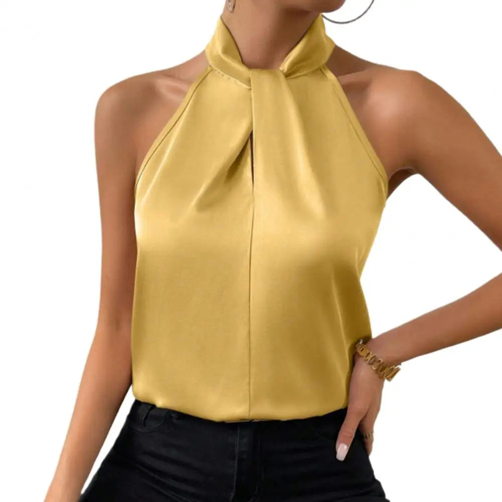 Satin Tank: Glossy Elegance with Hanging Neck Design