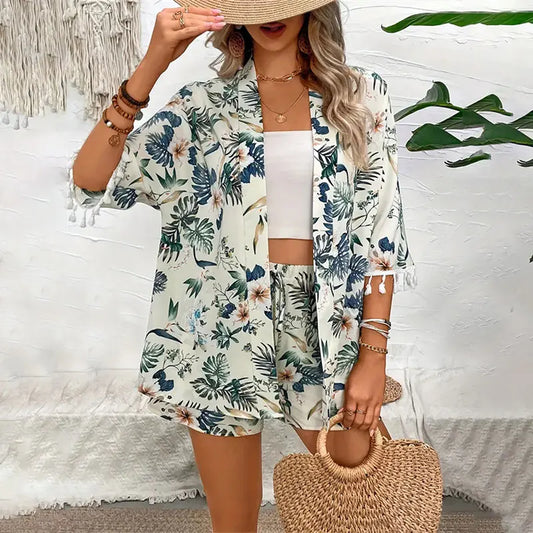 Two-Piece Set: Floral Flair with Open-Front Ease