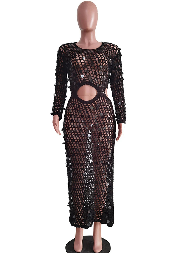 Beyprern New Chic Mother Of Pearl Crochet Cover Up Dress For Women Summer Hollow Out Sequins Beach Dress Vacation Outfits