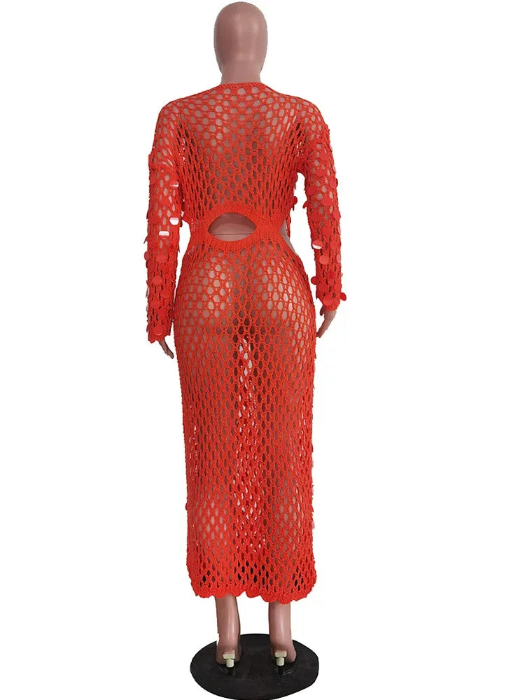 Beyprern New Chic Mother Of Pearl Crochet Cover Up Dress For Women Summer Hollow Out Sequins Beach Dress Vacation Outfits
