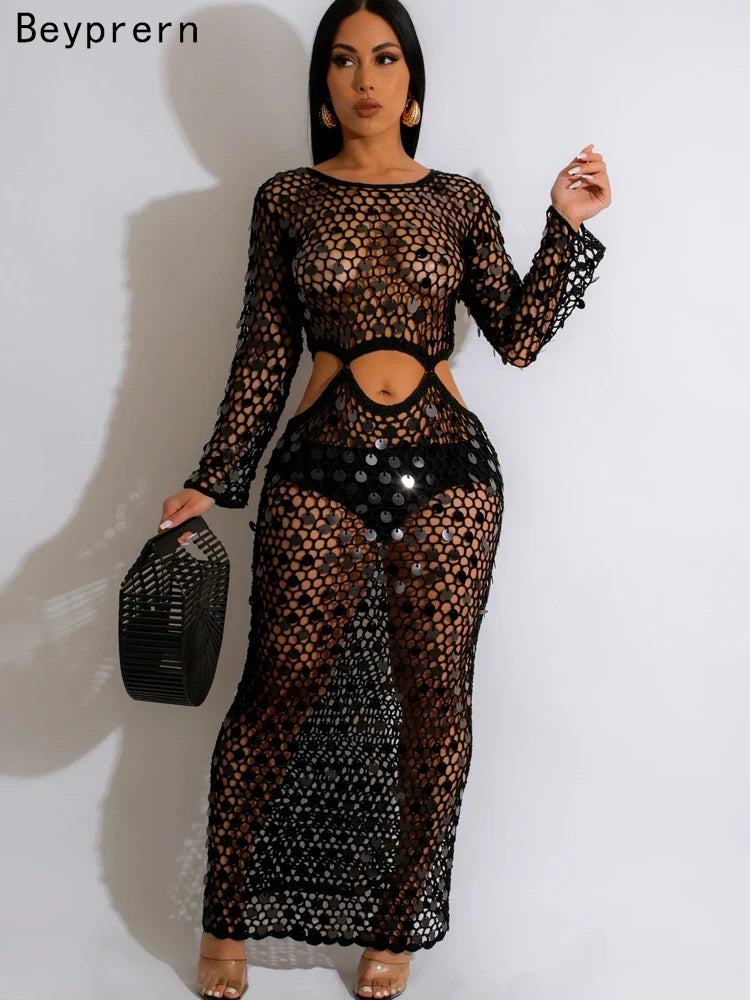 Beyprern New Chic Mother Of Pearl Crochet Cover Up Dress For Women Summer Hollow Out Sequins Beach Dress Vacation Outfits