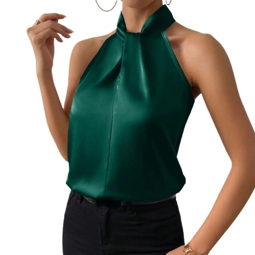 Satin Tank: Glossy Elegance with Hanging Neck Design