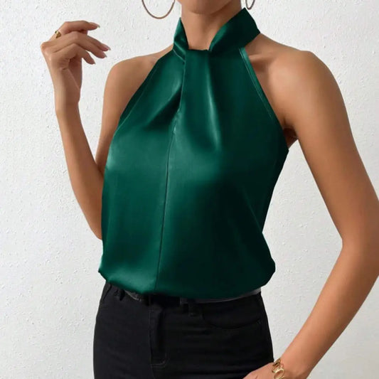 Satin Tank: Glossy Elegance with Hanging Neck Design