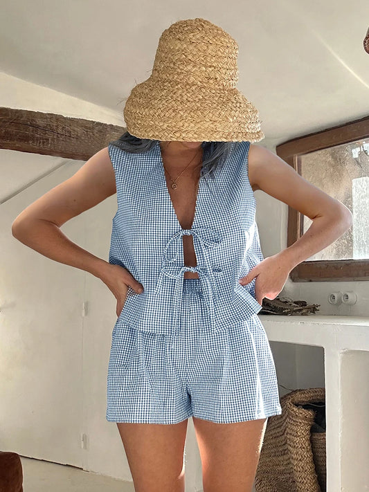 Casual Plaid Duo: Lacing Tank and Elastic Shorts