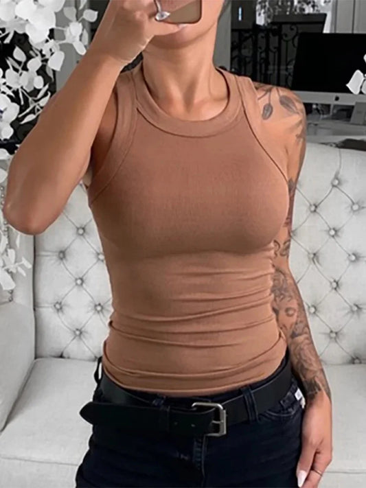 Elastic Ribbed Tank: Solid O Neck Style
