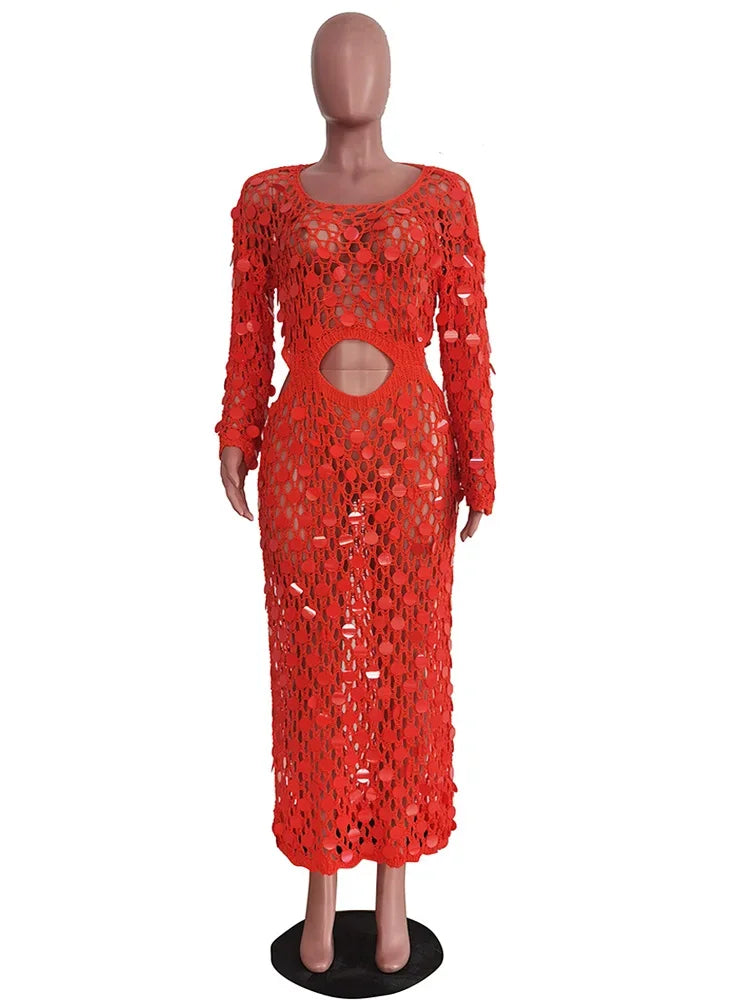 Beyprern New Chic Mother Of Pearl Crochet Cover Up Dress For Women Summer Hollow Out Sequins Beach Dress Vacation Outfits