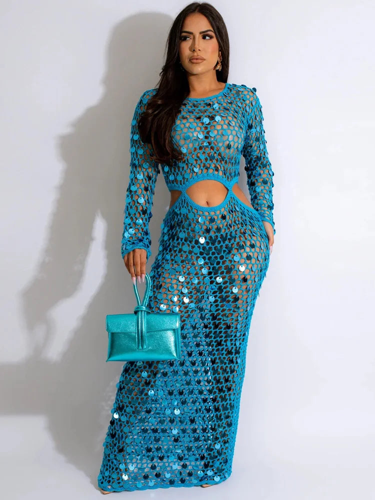 Beyprern New Chic Mother Of Pearl Crochet Cover Up Dress For Women Summer Hollow Out Sequins Beach Dress Vacation Outfits