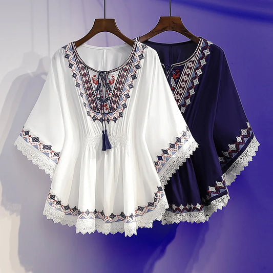 Loose Blouse: Batwing Sleeves with Boho Print