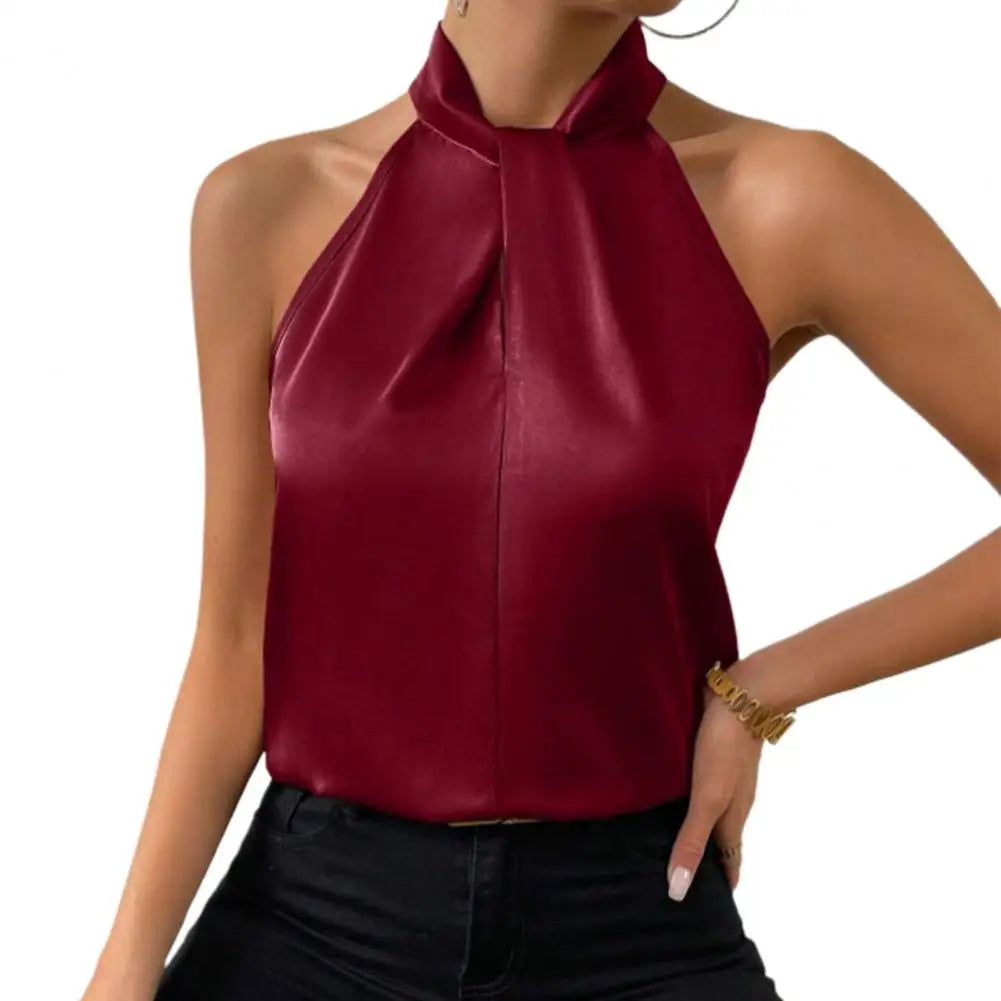 Satin Tank: Glossy Elegance with Hanging Neck Design