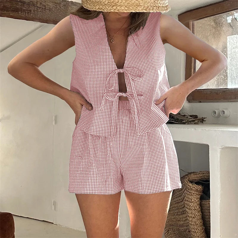 Casual Plaid Duo: Lacing Tank and Elastic Shorts