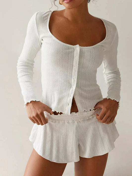 Cute Sleepwear Set: Button Down Top and Ruffle Shorts