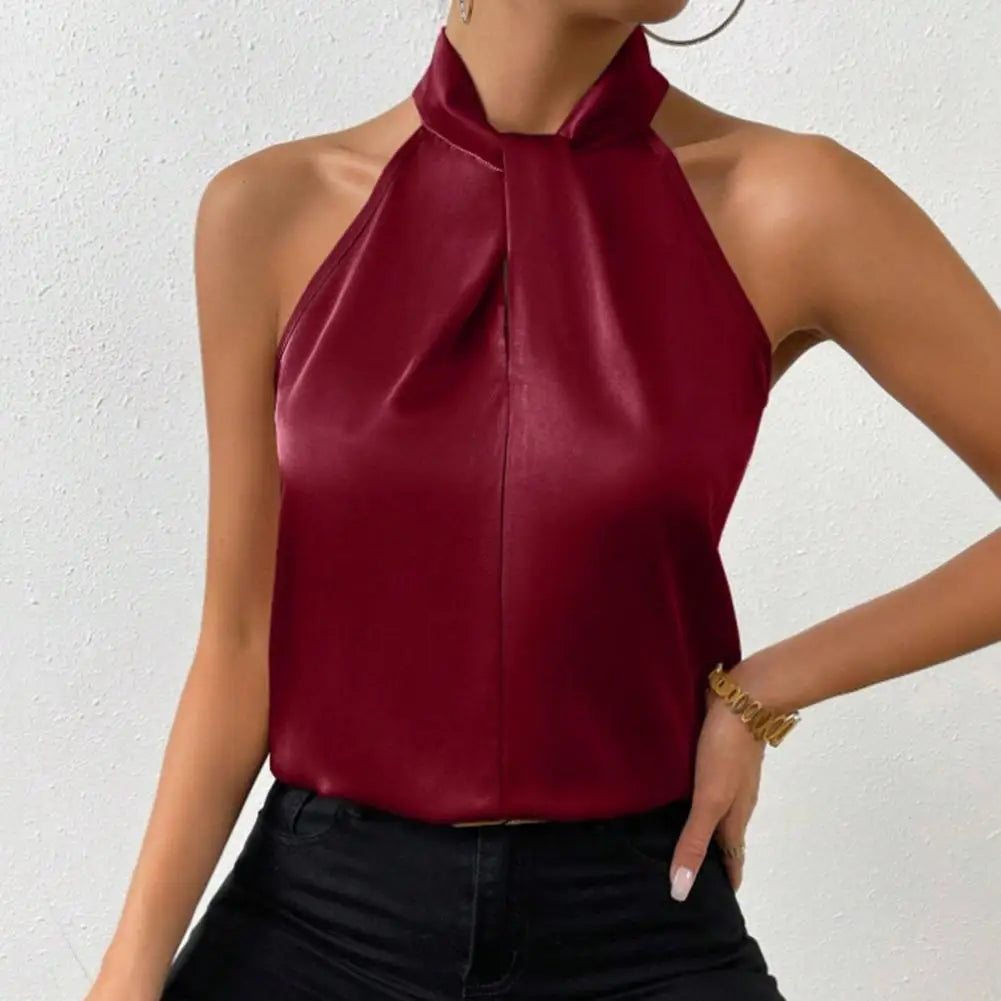 Satin Tank: Glossy Elegance with Hanging Neck Design
