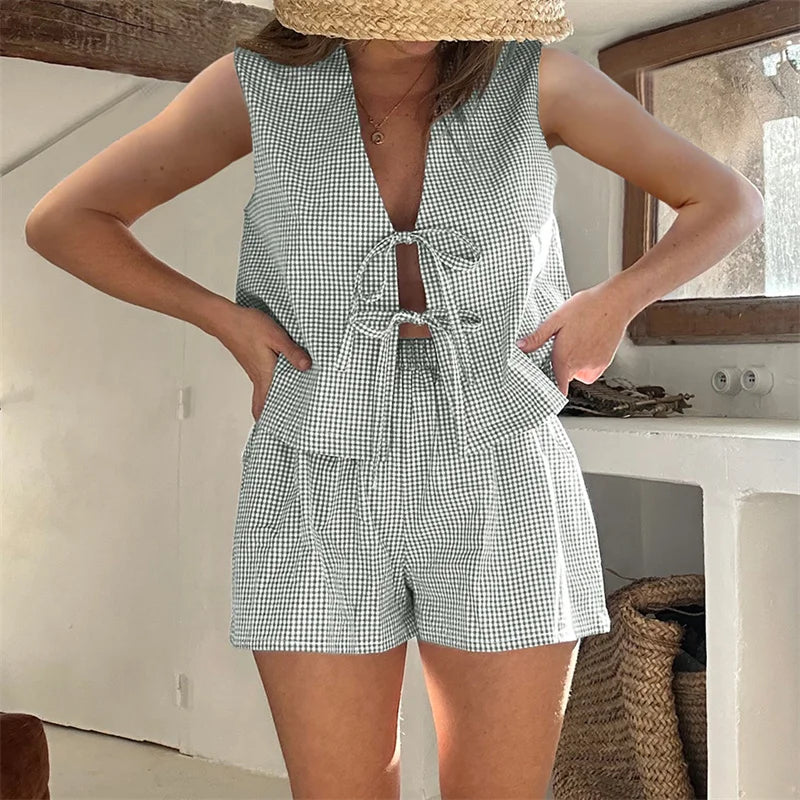 Casual Plaid Duo: Lacing Tank and Elastic Shorts