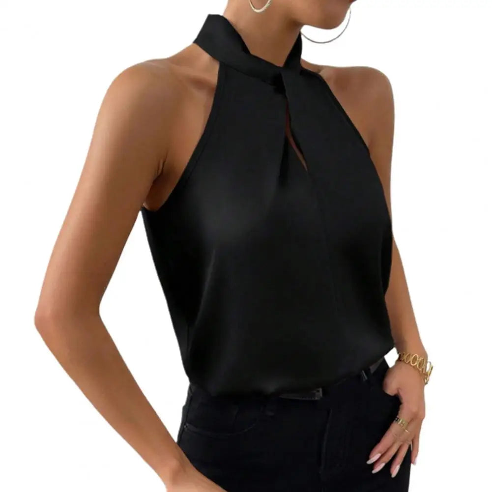 Satin Tank: Glossy Elegance with Hanging Neck Design