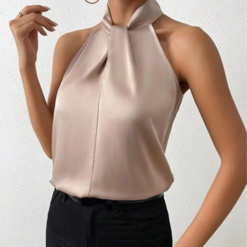 Satin Tank: Glossy Elegance with Hanging Neck Design