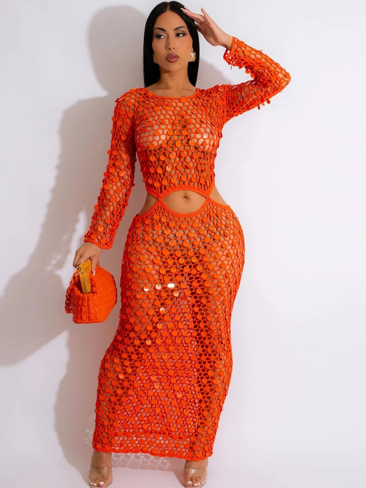 Beyprern New Chic Mother Of Pearl Crochet Cover Up Dress For Women Summer Hollow Out Sequins Beach Dress Vacation Outfits