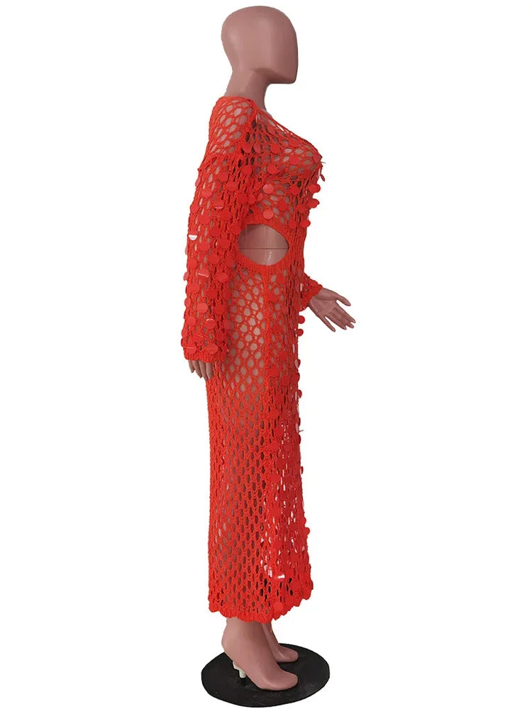 Beyprern New Chic Mother Of Pearl Crochet Cover Up Dress For Women Summer Hollow Out Sequins Beach Dress Vacation Outfits